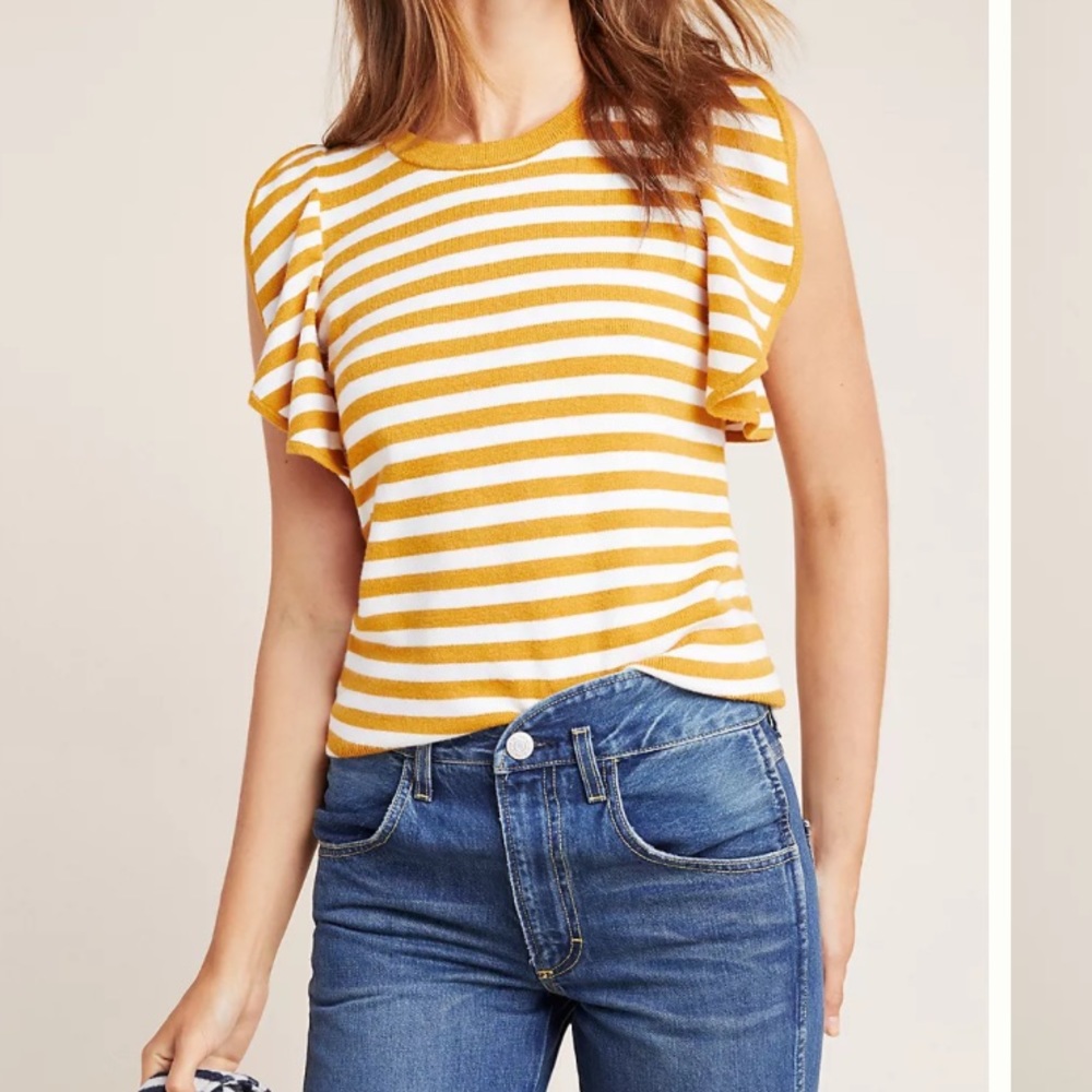 Anthropologie | Jillian flutter sleeve stripped sweater Top size  medium